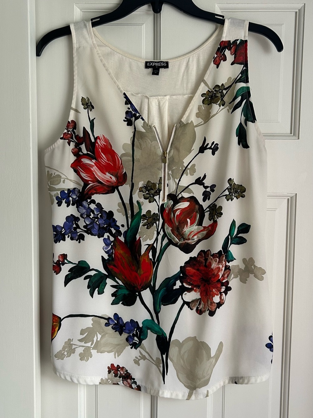 Express Cream Floral Zip-Front Sleeveless Camisole | size M